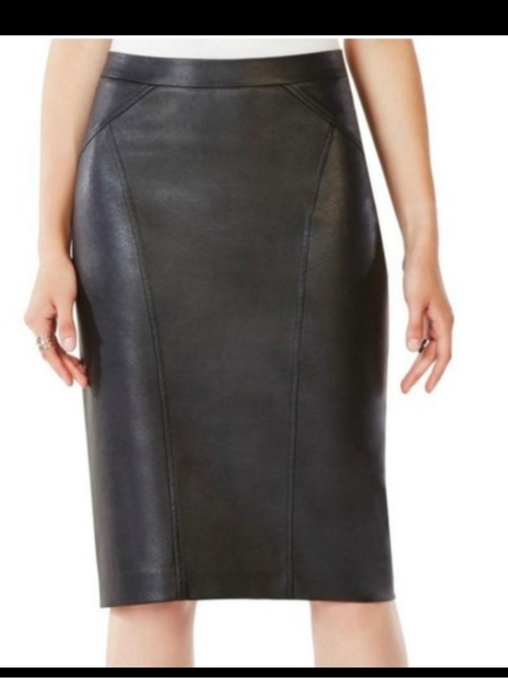BCBG MAXAZRIA Natilie Faux Leather Pencil Skirt Knee Length Slit Black Large